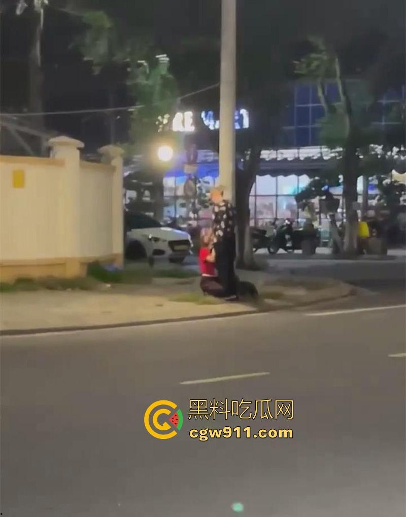 越南岘港街头,深夜惊现野战男女,金发女子大胆尝试当街跪舔黄毛大屌,连撸带吸玩深喉,真会玩 !-5