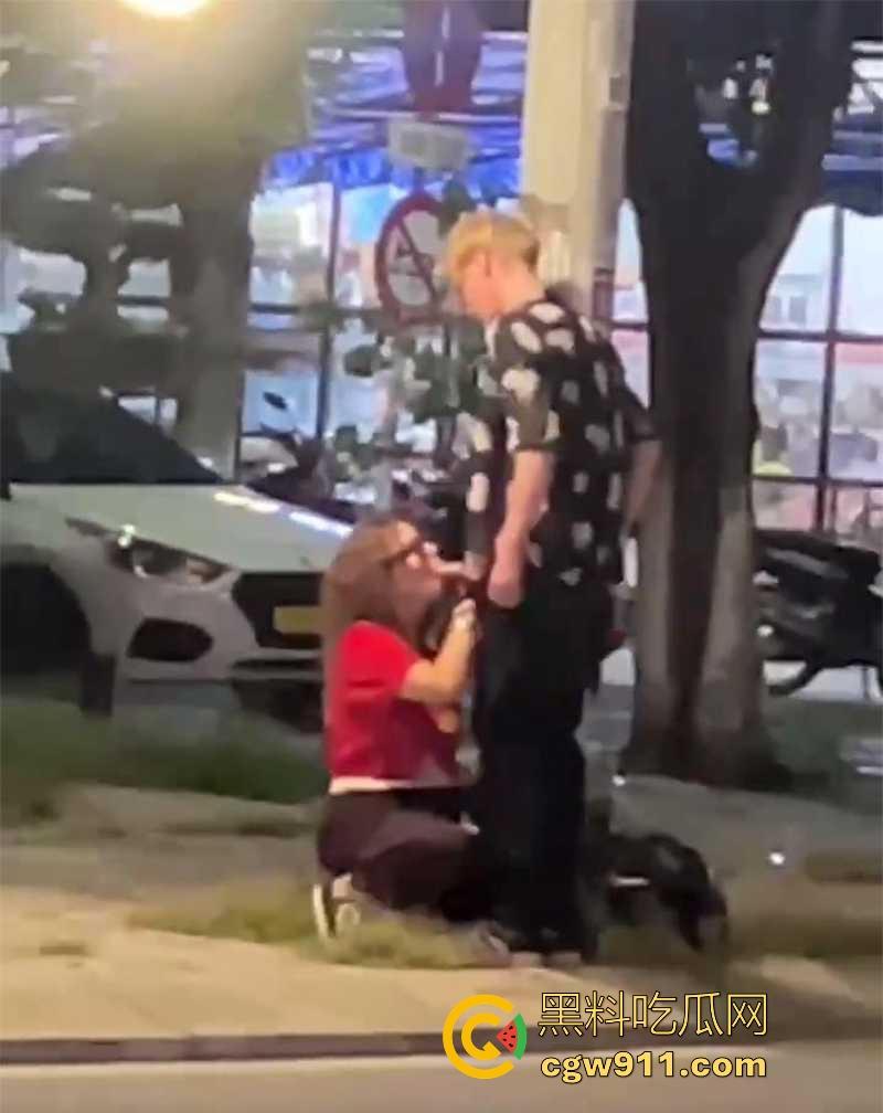 越南岘港街头,深夜惊现野战男女,金发女子大胆尝试当街跪舔黄毛大屌,连撸带吸玩深喉,真会玩 !-7